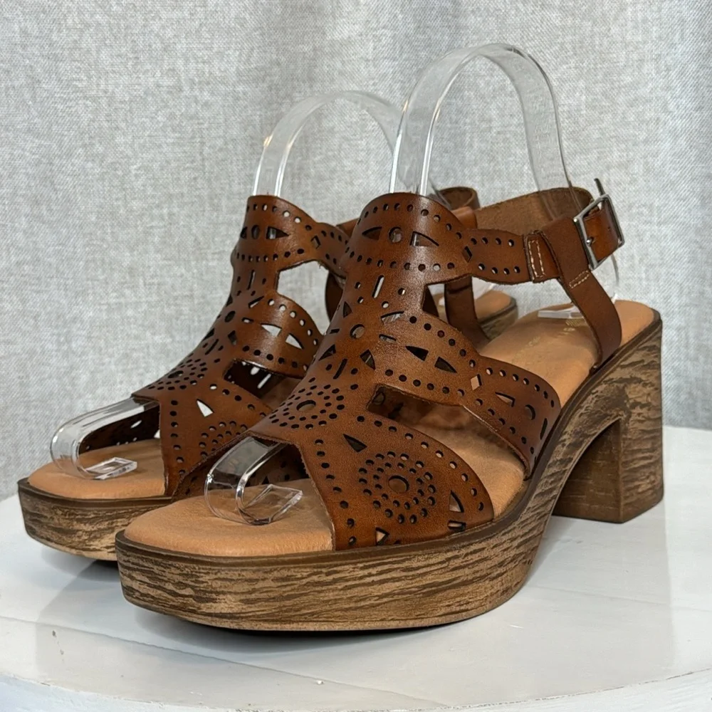 ERIC MICHAEL WHITNEY  COGNAC LEATHER LASER CUT PLATFORM BOHO SANDALS NIB EU 40